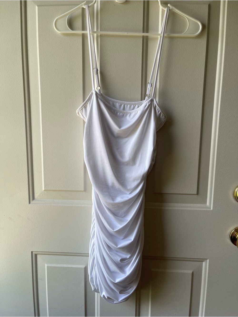 White Ruched Bodycon Spaghetti-Strap Dress